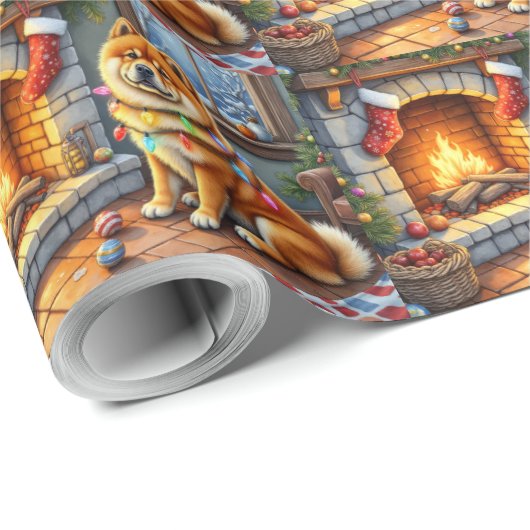 Chow Chow Sitting Fireplace with Christmas Lights Cadeaupapier (Rol Hoek)