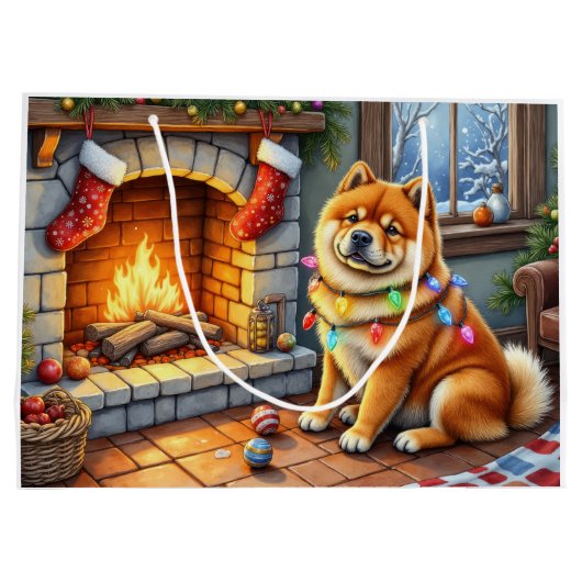 Chow Chow Sitting Fireplace with Christmas Lights Groot Cadeauzakje (Achterkant)