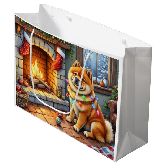 Chow Chow Sitting Fireplace with Christmas Lights Groot Cadeauzakje (Voorkant Gekanteld)