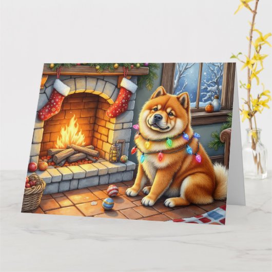 Chow Chow Sitting Fireplace with Christmas Lights Kaart (Gele Bloem)