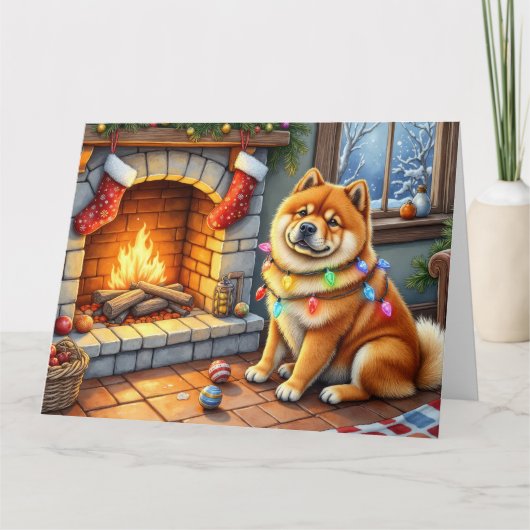 Chow Chow Sitting Fireplace with Christmas Lights Kaart (Voorkant)