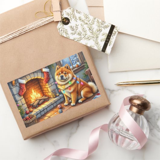 Chow Chow Sitting Fireplace with Christmas Lights Rechthoekige Sticker (Geschenken)