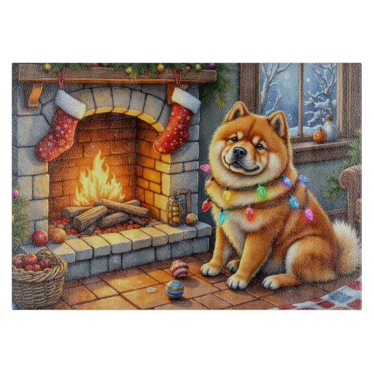 Chow Chow Sitting Fireplace with Christmas Lights Snijplank (Voorkant)