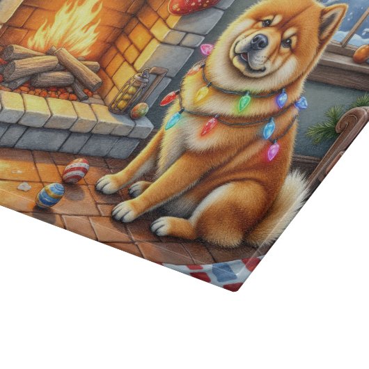 Chow Chow Sitting Fireplace with Christmas Lights Snijplank (Hoek)