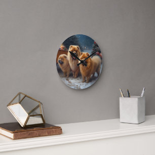 Chow Chow Snowy Sleigh Kerst Decor Ronde Klok