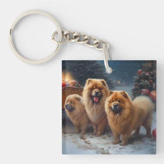 Chow Chow Snowy Sleigh Kerst Decor Sleutelhanger (Voorkant)