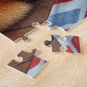 Chow Chow zittend bij open haard met kerstverlicht Legpuzzel (Zijkant)