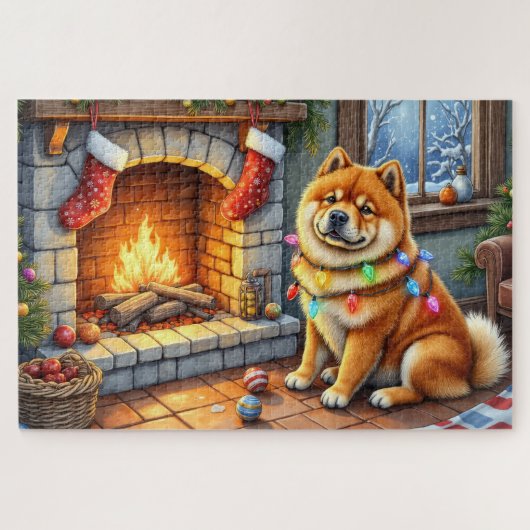 Chow Chow zittend bij open haard met kerstverlicht Legpuzzel (Horizontaal)