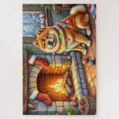 Chow Chow zittend bij open haard met kerstverlicht Legpuzzel (Verticaal)