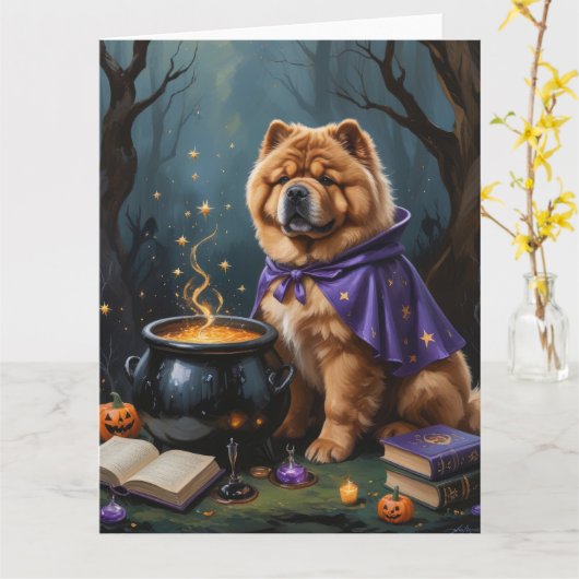 Chow Dog grillige Halloween schilderij Kaart (Gele Bloem)