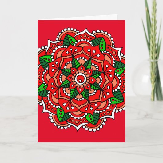 Chrismas Mandala Red Green Flower Feestdagen Kaart (Voorkant)