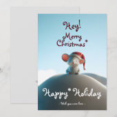 Chrismas santa hat mouse op sneeuwberg feestdagenkaart (Voorkant / Achterkant)