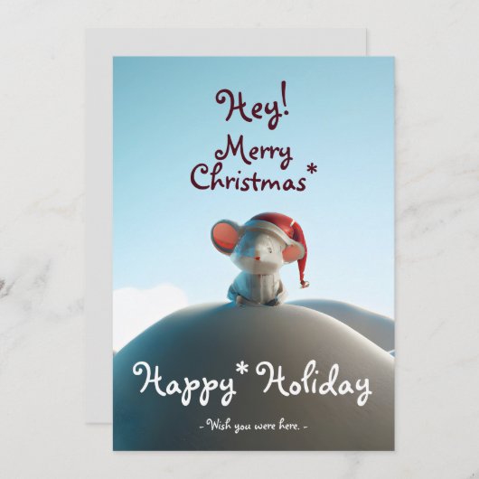 Chrismas santa hat mouse op sneeuwberg feestdagenkaart (Voorkant / Achterkant)
