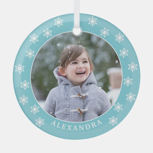 Chrismas Snowflakes Aangepaste naam Blauwe foto Glas Ornament (Voorkant)