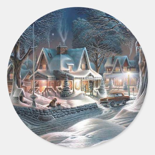 Chrismas Winter Cottage Ronde Sticker (Voorkant)