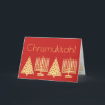 Chrismukkah Gold en Red Holiday voegen uw foto toe Feestdagen Kaart<br><div class="desc">Voeg je favoriete foto toe aan de binnenkant van deze Chrismukkah-vakantiekaart in rood en goud. Dit eenvoudige en elegante wenskaart is perfect geschikt voor gemengde families die zowel Kerstmis als Hanukkah vieren. Mijn gesimuleerde gouden afbeeldingen van de kerstboom en Hanukkah Menorah worden herhaald binnen de kaart samen met twee tekstdelen...</div>