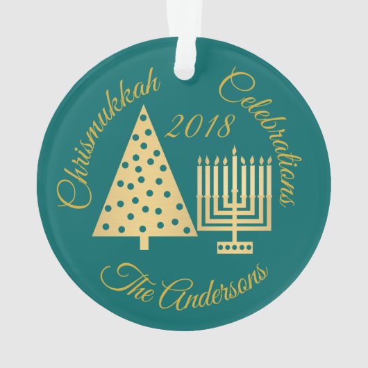 Chrismukkah Hanukkah Kerstmis Gold Blauwgroen Eleg Ornament (achterkant)