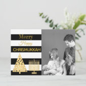 Chrismukkah Photo Black and White Stripes Gold Feestdagenkaart (Staand voorkant)