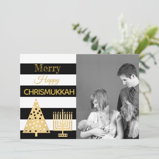 Chrismukkah Photo Black and White Stripes Gold Feestdagenkaart (Staand voorkant)