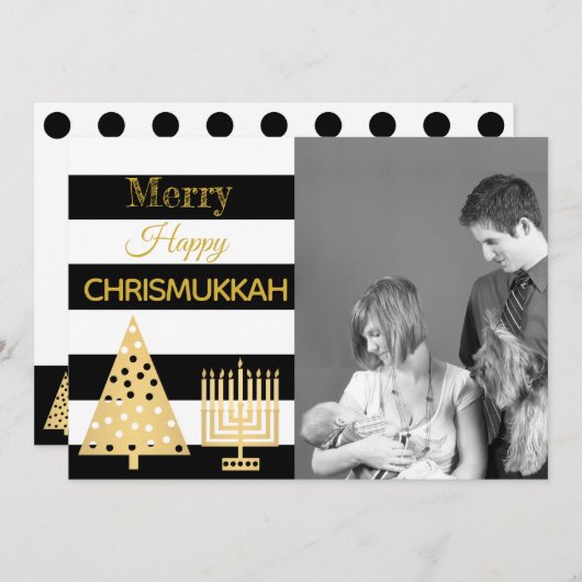 Chrismukkah Photo Black and White Stripes Gold Feestdagenkaart (Voorkant / Achterkant)