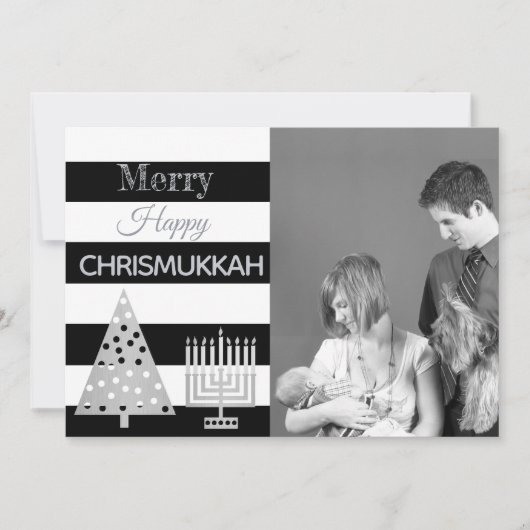 Chrismukkah Photo Black and White Stripes Silver Feestdagenkaart (Voorkant)