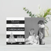 Chrismukkah Photo Black and White Stripes Silver Feestdagenkaart (Staand voorkant)