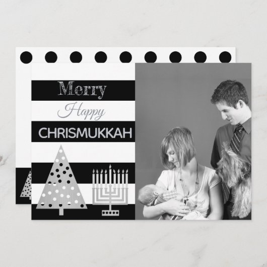 Chrismukkah Photo Black and White Stripes Silver Feestdagenkaart (Voorkant / Achterkant)