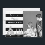 Chrismukkah Photo Black and White Stripes Silver Feestdagenkaart<br><div class="desc">Voeg je foto toe aan deze leuke Chrismukkah-vakantiekaart in een moderne stijl van zwarte en witte strepen met zilveren accenten voor Kerstmis en Hanukkah. Vrolijk Happy Chrismukkah! Vervang de houder van de familiefoto door uw eigen foto voor een unieke persoonlijke kaart. De zilveren polka stippen met kerstboom en de Menorah-design...</div>