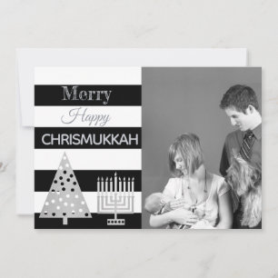 Chrismukkah Photo Black and White Stripes Silver Feestdagenkaart