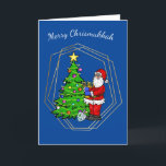 Chrismukkah Santa met Menorah-kerstkaart Kaart<br><div class="desc">Deze kerstkaart toont de Kerstman met een menora bij een kerstboom met een ster en lichten. Dus, uw vakantie kan helder zijn van een kerstboom of van de kaarsen op de Menorah. Nou, dat is sowieso mijn idee. Maar, bent u vrij om de binnenkant van de begroeting te veranderen om...</div>