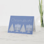 Chrismukkah Silver Blue Holiday Voeg je foto toe Feestdagen Kaart<br><div class="desc">Voeg je favoriete familiefoto toe aan de binnenkant van deze charmante Chrismukkah-vakantiekaart in blauw en zilver. Dit elegante moderne wenskaart is ontworpen voor gemengde families die zowel Hanoeka als Kerstmis vieren. Mijn gesimuleerde zilveren toon-afbeeldingen van een Hanukkah Menorah en een kerstboom worden herhaald binnen de kaart samen met twee delen...</div>