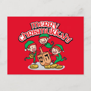Chrismukkah wenskaart met elfen en dreidels feestdagenkaart