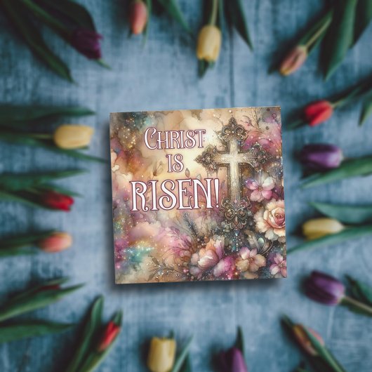 Christ is Risen Elegant Floral Waterverf Cross Feestdagenkaart