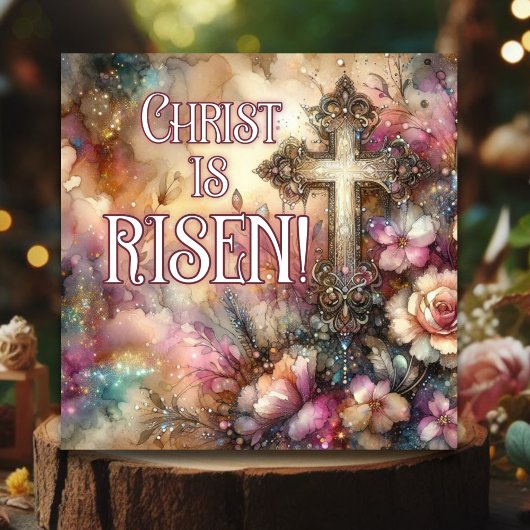 Christ is Risen Elegant Floral Waterverf Cross Feestdagenkaart