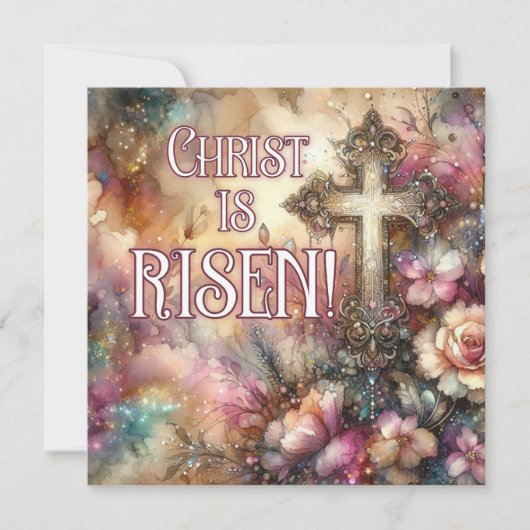 Christ is Risen Elegant Floral Waterverf Cross Feestdagenkaart (Voorkant)