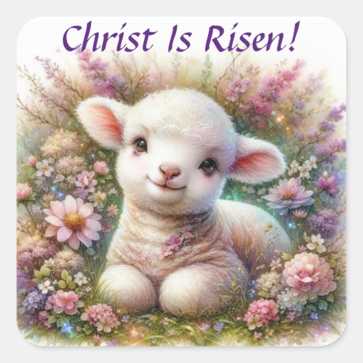 Christ is Risen Waterverf Paaslam Bloemen Vierkante Sticker (Voorkant)
