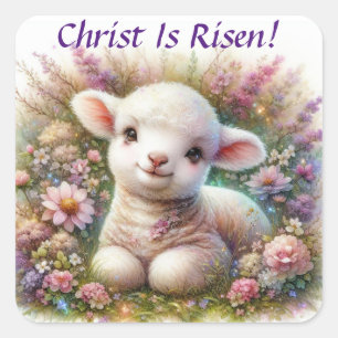 Christ is Risen Waterverf Paaslam Bloemen Vierkante Sticker