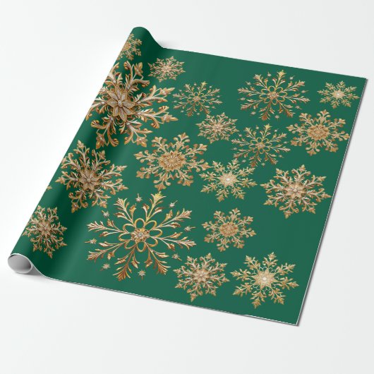 Christams Gold and Green Snowflake Wrapping paper Cadeaupapier (Uitgerold)