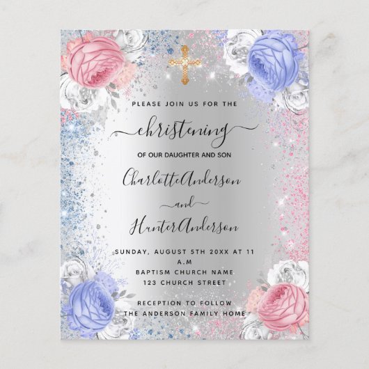 Christeen meisje blauw roze budgetuitnodiging flyer (Voorkant)