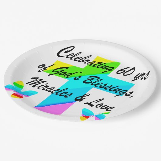 CHRISTELIJK 60E VERJAARDAGSKRUIS EN VLINDERONTWERP PAPIEREN BORDJE (Gekanteld)