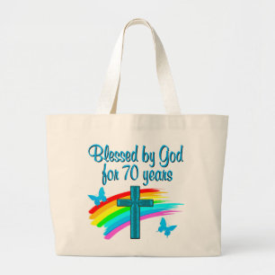 CHRISTELIJK 70E VERJAARDAGSKRUIS EN REGENBOGEN GROTE TOTE BAG