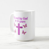CHRISTELIJK 85E VERJAARDAG ROZE KRUISONTWERP KOFFIEMOK (Voorkant links)