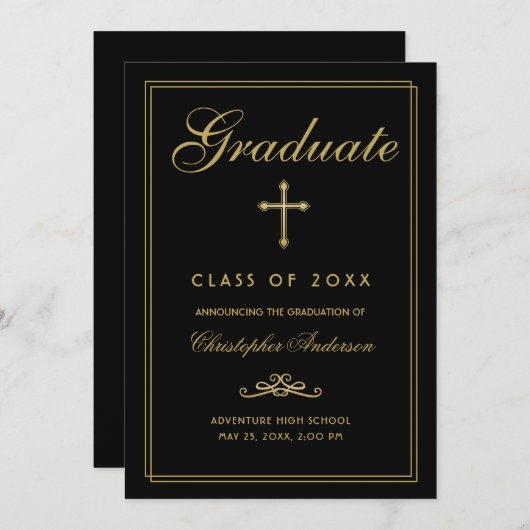Christelijk Afstuderen Black Gold Cross-script Aankondiging (Voorkant / Achterkant)