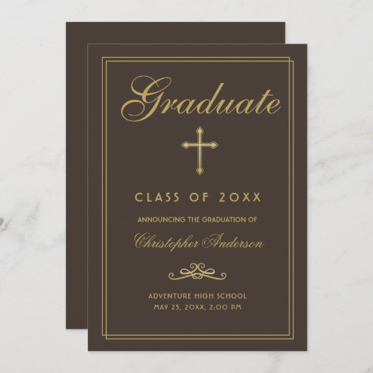 Christelijk Afstuderen Brown Cross-script Aankondiging (Voorkant / Achterkant)