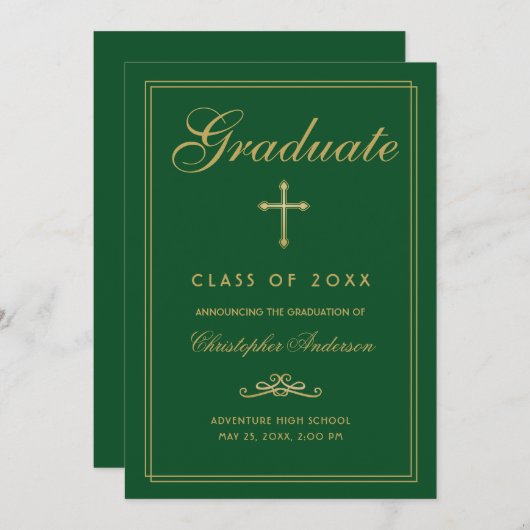 Christelijk Afstuderen Green Gold Cross-script Aankondiging (Voorkant / Achterkant)