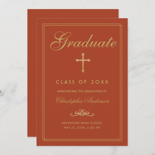 Christelijk Afstuderen Oranje Gold Cross Script Aankondiging (Voorkant / Achterkant)