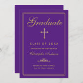 Christelijk Afstuderen Paars Gold Cross Script Aankondiging (Voorkant / Achterkant)