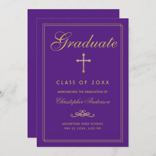 Christelijk Afstuderen Paars Gold Cross Script Aankondiging (Voorkant / Achterkant)