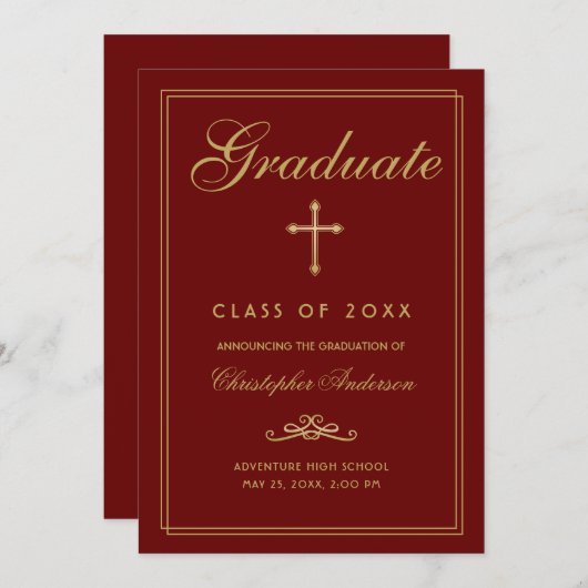 Christelijk Afstuderen Red Gold Cross-script Aankondiging (Voorkant / Achterkant)
