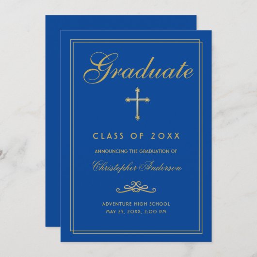 Christelijk Afstuderen Royal Blue Cross-script Aankondiging (Voorkant / Achterkant)